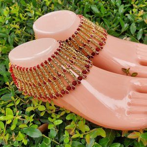 Kundan Anklets, Indian Asian Payals, Red Anklets for Weddings, Punjabi Anklets